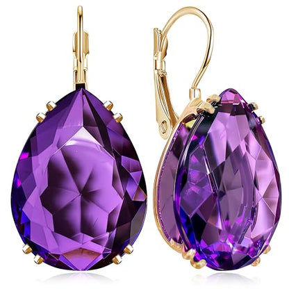 14K Gold Teardrop Crystal Leverback Earrings Sparkly Rhinestone Water Droplet Dangle Drop Earrings For Women - color: Dark Purple