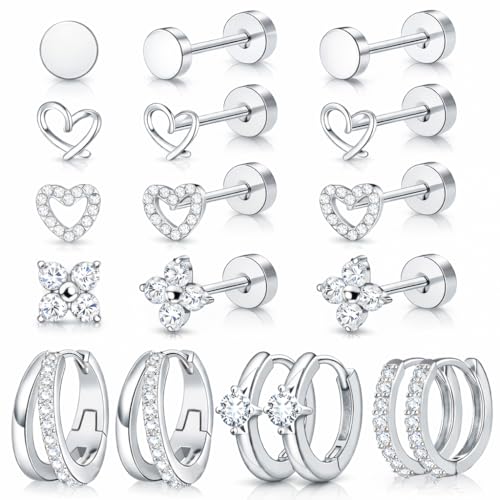 Nunpag 9 Pairs 14K Gold Plated Chunky Huggie Hoop Earrings Set for Women Hypoallergenic Stainless Steel Lightweight Small Earring Stacks for Multiple Piercings Non Tarnish Jewelry Gift Twisted 8-12mm - color: 7Pairs-Silver