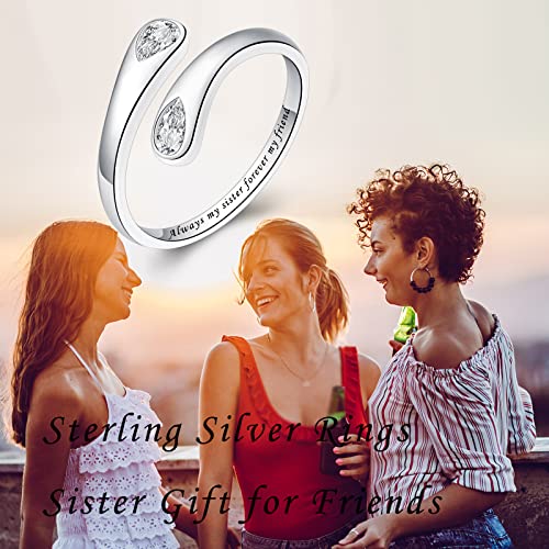 Fookduoduo 925 Sterling Silver Ring Inspirational Jewelry adjustable Wrap Open Rings for Women - style: Always my sister forever my friend，style 2