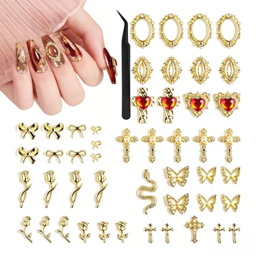 Beetles Gold Nail Charms Set 54PCS Metallic Nail Art Tools | Bows Cross Butterfly Heart Pearl and Flowers 3D Nails Charms and Gems for Nails Art Design Gold Metal Manicure Accessories - color: 3D Nail Charms-Metal