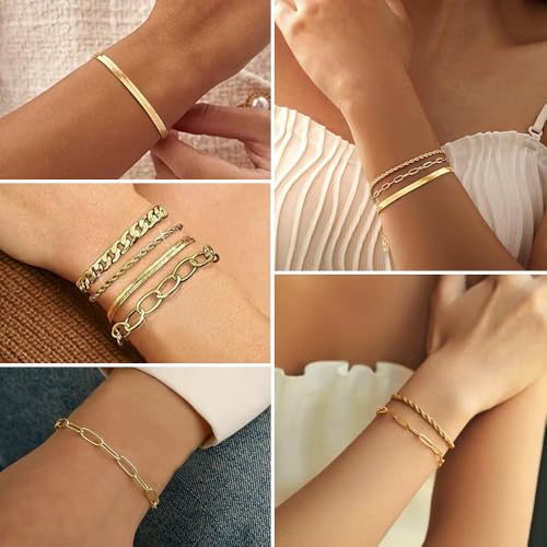 SEEDRILL Bracelets for Women Trendy Waterproof 316 Stainless Steel 18K Real Gold Plated Jewelry Sets Chunky Stackable Cuban Link Paperclip Herringbone Rope Chain Bracelet Pack Gifts Silvery/Gold-Tone - color: Gold-Tone