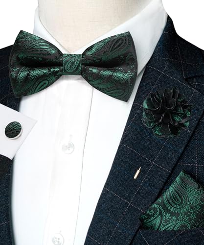 JEMYGINS Mens Paisley Bow Tie and Lapel Pin Necktie Pocket Square and Tie Clip with Sets for Business Casual 4PCS - color: Dark Green