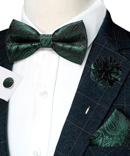 JEMYGINS Mens Paisley Bow Tie and Lapel Pin Necktie Pocket Square and Tie Clip with Sets for Business Casual 4PCS - color: Dark Green