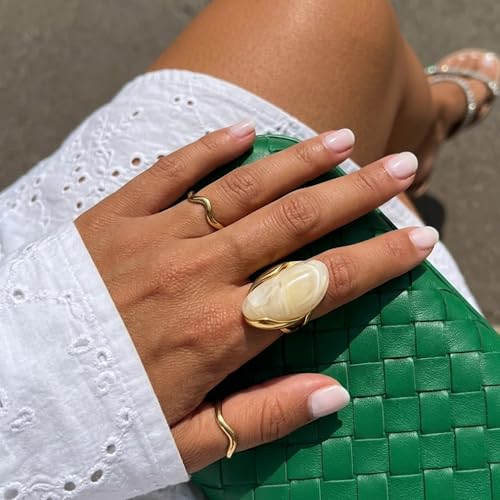 Mchic Colorful Chunky Statement Ring for Women: Boho Large Oval Acrylic Finger Ring Stainless Steel Adjustable Beach Summer Y2K Handmade Jewelry Gift for Women - color: Beige