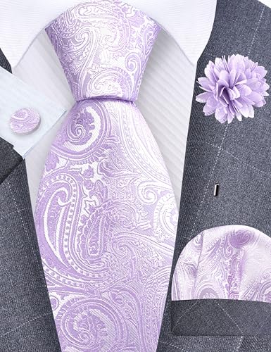 GUSLESON 3.15"（8cm） Mens Tie and Lapel Pin Paisley Necktie Hankerchief Cufflinks Set for Men - color: Lavender