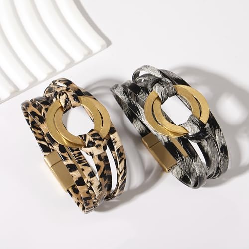 hotoo Circle Charm Bracelets for Women Handmade Leather Wrap Bracelets for Couples Friendship Bracelet Bohemian Cuff Bangle Boho Jewelry Gift - color: Light leopard