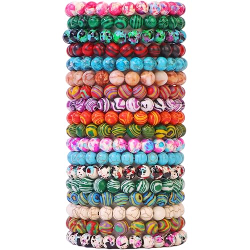 18Pcs Malachite Pattern Beaded Bracelets Set for Women Men, 8mm Round Beads Stretch Bracelets, 7.28 Inch Elastic Stackable Bracelets, Colorful Handmade Wristbands for Party Favors, Gifts, Daily Wear