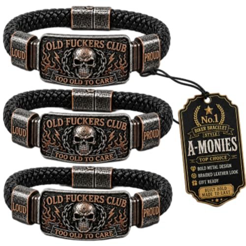 Old Fuckers Club & Wild 2026 Edition Vintage Braceletmens Skull Flame Biker Braided Faux Leather Bracelet Gothic Motorcycle Rider Cuff Wristband Humor Jewelry Gift Punk Chain Woven - size: 3pcs