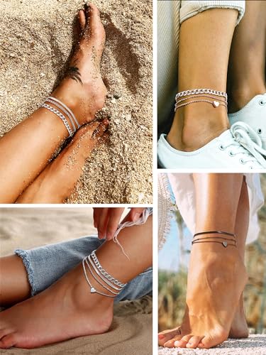 PROSTEEL Trendy Handcuffs Design/Customize Words Ankle Bracelet For Women, 316L Stainless Steel Anklets Silver/Gold/Black Tone, Hypoallergenic, Come with Box - style: 06.2 Layered-Herringbone&Heart-Silver