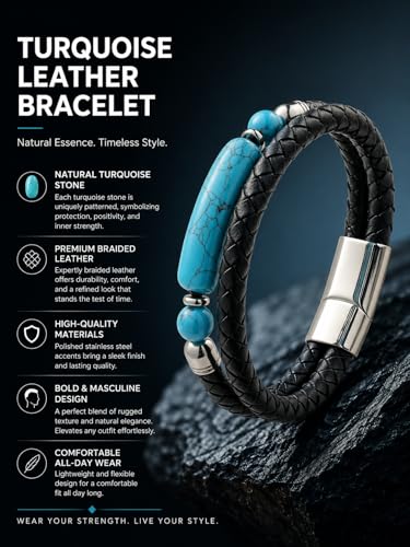 Mens Black Leather Obsidian/Turquoise/Tiger Eye/Red Agate Bracelet–Braided Multi‑Layer Wristband Cuff Bangle Bracelet with Stainless Steel Clasp Gift Jewelry Box Included - color: Style 3: Turquoise, size: 8.3in(Fits most wrists)