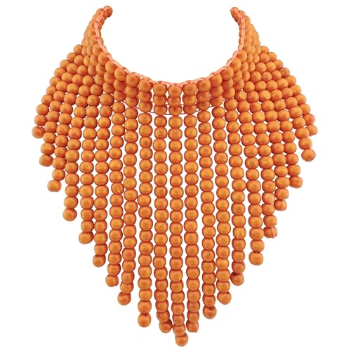 Coiris Boho African Wooden or Acrylic Beaded Bib Statement Necklace Strands Layered Cluster Chunky Collar Choker Wood Necklace for Women Fashion Costume Jewelry - color: Orange