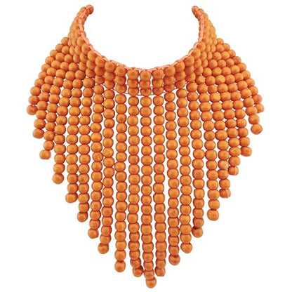 Coiris Boho African Wooden or Acrylic Beaded Bib Statement Necklace Strands Layered Cluster Chunky Collar Choker Wood Necklace for Women Fashion Costume Jewelry - color: Orange