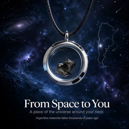 Campo del Cielo Meteorite Necklace - Genuine Argentine Iron Meteorite Pendant in Sterling Silver Round Locket Box - Unique Space Jewelry Gift for Women Men - 1-3g in Elegant Gift Box