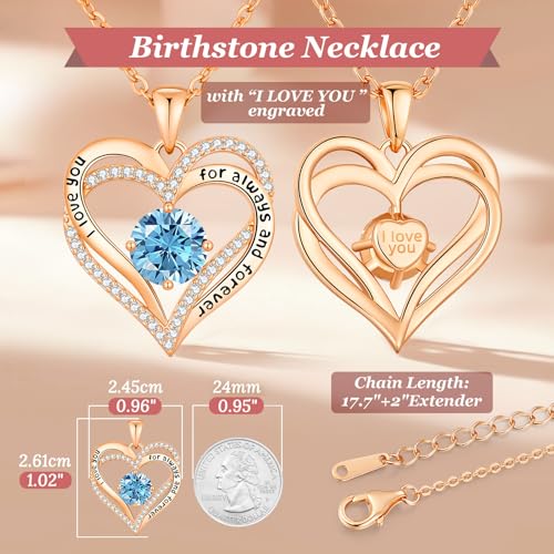 CDE Engraved Forever Love Heart Birthstone Necklace Jewelry Gifts for Women | Hypoallergenic,Nickel-Free & Lead-Free,3 x 3 mm 5A CZ Heart Pendant,Anniversary Christmas Birthday Gift for Girlfriend Wife - color: 03-Mar, style: Rose Gold Plated