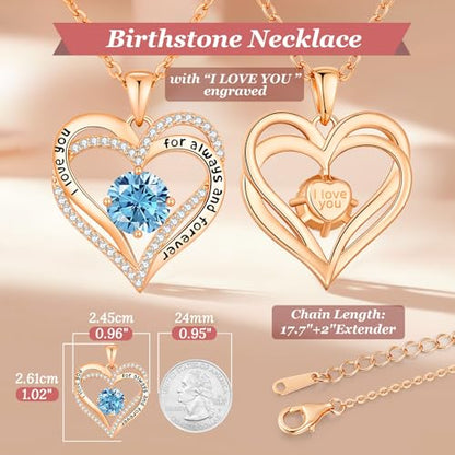CDE Engraved Forever Love Heart Birthstone Necklace Jewelry Gifts for Women | Hypoallergenic,Nickel-Free & Lead-Free,3 x 3 mm 5A CZ Heart Pendant,Anniversary Christmas Birthday Gift for Girlfriend Wife - color: 03-Mar, style: Rose Gold Plated