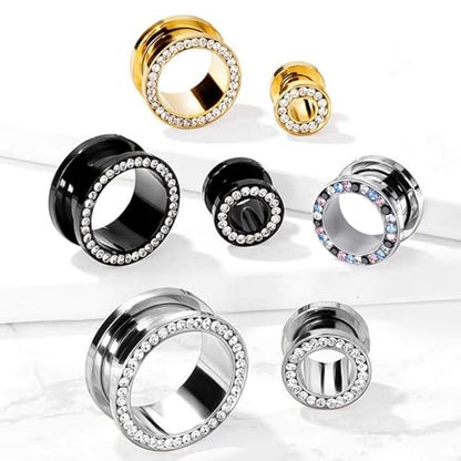 WBRWP 2pcs Hollow Gold Stainless Steel with Zircon Ear Plugs Tunnels - Ear Expander - Ear Gauges Stretcher Body Piercing Jewelry 8g-5/8 - color: Gold with Clear CZ