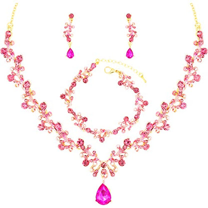 3Pcs Austrian Crystal Jewelry Set for Women, Necklace Dangle Earrings Link Bracelet Jewelry Set with Gold/Platinum/Gun Plated, Wedding Party Jewelry for Bridal Bridesmaid - color: Rose Red-Gold Plated