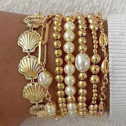 7-Piece Beaded Seashell Scallop Faux Pearl Bracelet Set, Elegant Stackable Hand Jewelry for Women - color: Gold, size: One Size