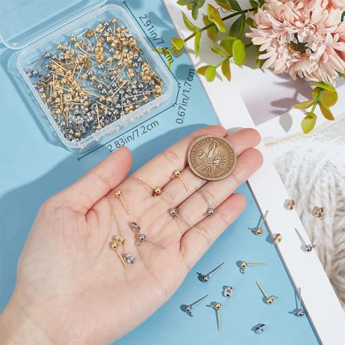 Beebeecraft 100Pcs 2 Colors Ball Post Earring Findings 24K Gold Plated Stainless Steel Globosity Round Stud Earrings with Loop Ear Nuts for Jewelry Earrings Making, 4mm Ball - color: Gold & Stainless Steel Color