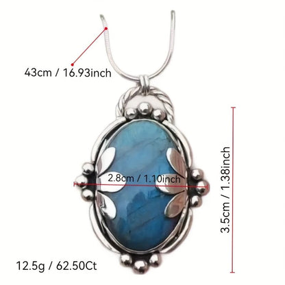1 Pc, Silver Tone Snake Chain, Vintage Floral Labradorite Pendant Necklace, Boho Ethnic Style, Trendy Outfit Matching Jewelry (Silver)