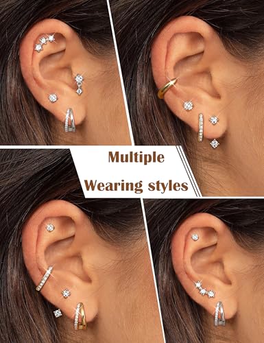 ADRAMATA Hypoallergenic Gold Earrings Stack for Women - 7Pairs Surgical Steel Small Chunky Huggie Hoops & Flat Back Stud Earrings Set Silver Cartilage Jewelry Trendy Christmas Gifts - style: Stylish - Gold
