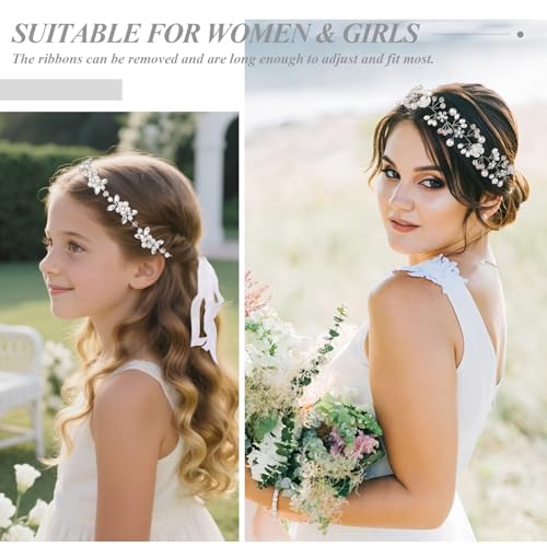 Wecoe Flower Girl Headpieces 2pcs Silver Rhinestone Pearl Headbands Wedding Bridal Flower Girl Hair Accessory Princess Hair Accessories for Birthday, Party, First Communion, Baptism - color: Silver C