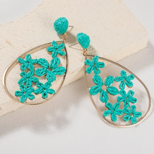 Boho Raffia Flower Teardrop Earrings Cute Colorful Dangle Trendy Jewelry | Floral Drop Statement Big Dangling Earring Hypoallergenic Gold Fun Unique Summer Spring Beach Vacation Outfits for Women - color: Teal