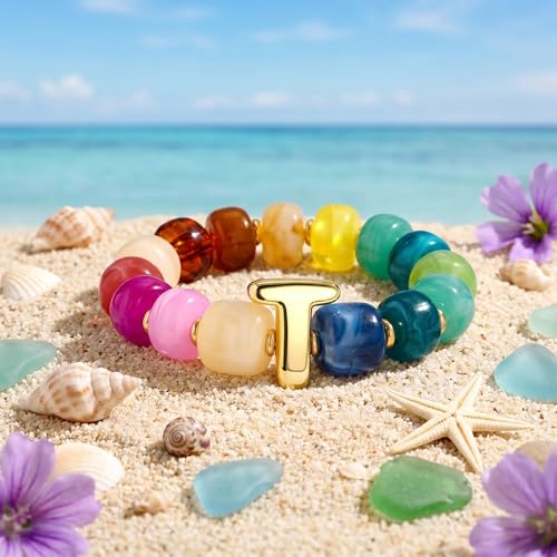 Bubble Initial Chunky Beaded Bracelet for Women Colorful Resin Bead Trendy Statement Big Stretch Bracelets Summer Beach Boho Charm Jewelry Cute Gifts for Women - color: Initial T