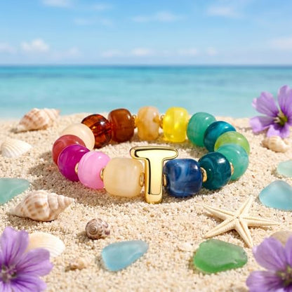 Bubble Initial Chunky Beaded Bracelet for Women Colorful Resin Bead Trendy Statement Big Stretch Bracelets Summer Beach Boho Charm Jewelry Cute Gifts for Women - color: Initial T