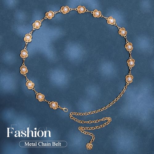 Chain Belt for Women Fashion Metal Waist Chain Belt for Dress Jeans - size: Fit Waist Up to 35'', style: Gold-pearl