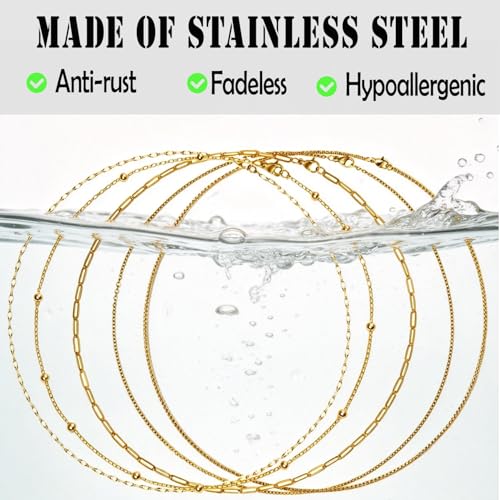 20Pcs (5 Styles) Stainless Steel Chains for Jewelry Making (G-19in) | Bulk Silver & Gold Plated Chains, Satellite, Paper Clip, Lip, Rolo, Cable, Jewelry Making - color: Gold Plated (19 inch)