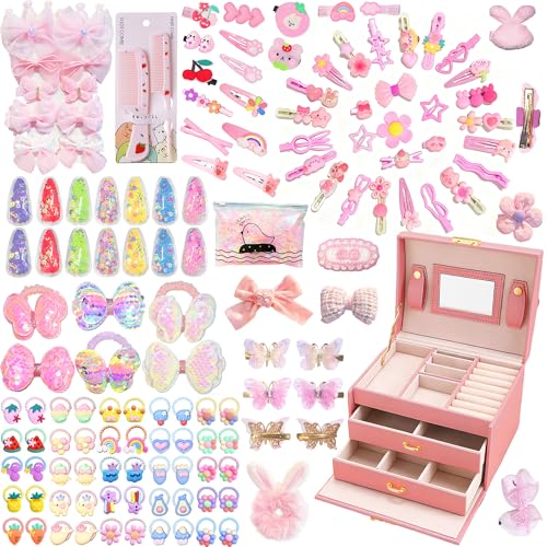 1293Pcs Girls Hair Accessories Set with Rose Red Jewelry Box L-3Layers | Back to School Gift includes Hair Clips,Ties, Bows and Claws, No Pull, for Toddler Little One Teen Princess,Ponytail Holders - color: Rose Red, size: 1 Count (Pack of 1293)