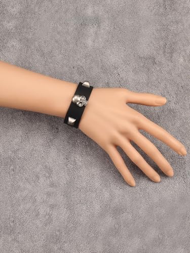 Jeilwiy Punk Leather Wristbands for Men Bracelets Handmade Wide Cuff Bangle Braided Jewelry Black Brown Adjustable - Punk Father's Gifts - color: Skull Metal Bracelet