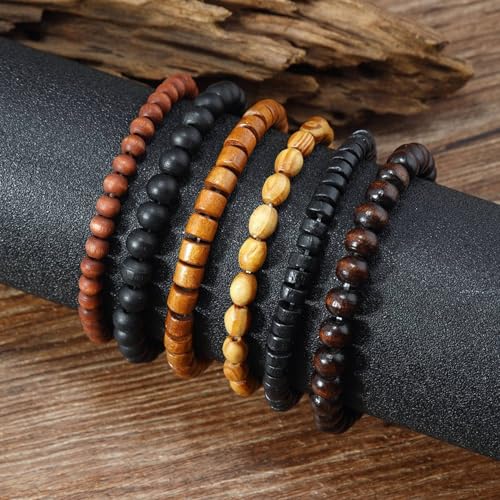 Mens Beaded Bracelets Tribal Wooden Elastic Adjustable Prayer Beads Wrap Cuff for Women - color: F: 6pcs