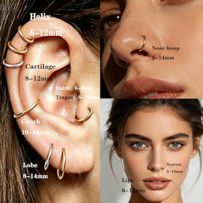 16Gauge earrings nosering clicker hoop Hypoallergenic body piercing ring | 6-14mm/6-12mm/Stainless Steel Gold/Silver,Septum Rings Hinged Clicker, Helix Cartilage Daith Tragus,Sleeper Hoop,Piercing - color: 16G 6-8-10-12-14mm Gold&Silver