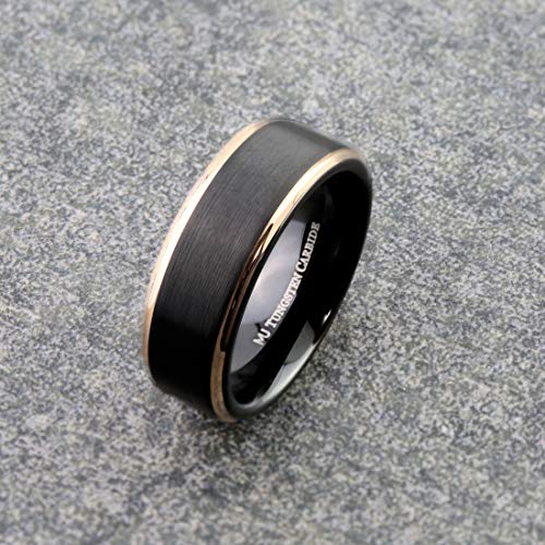 Tungsten Carbide Wedding Bands That Feature Different Finishes and Edge Colors - color: Black/Rose Gold-8mm