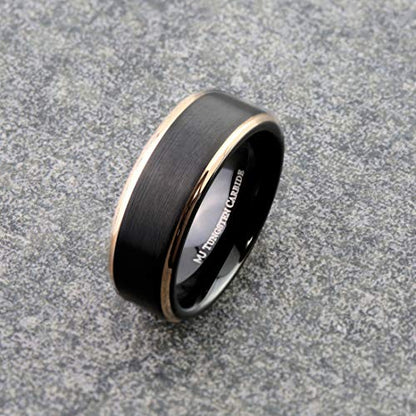 Tungsten Carbide Wedding Bands That Feature Different Finishes and Edge Colors - color: Black/Rose Gold-8mm