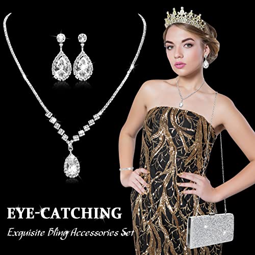 Mixweer 4 Pieces Clutch Purses Bag for Women Evening Rhinestone Jewelry Set Bling Necklace Earrings Bracelets Set for Wedding - style: Elegant Style