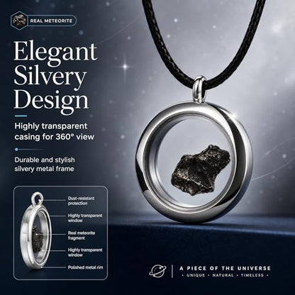 Campo del Cielo Meteorite Necklace - Genuine Argentine Iron Meteorite Pendant in Sterling Silver Round Locket Box - Unique Space Jewelry Gift for Women Men - 1-3g in Elegant Gift Box