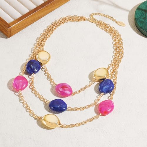 Bocar 3 Layered Statement Necklace for Women Multi Strand Necklace with Resin Beads, Chunky Layered Chain Necklace (NK-10826) - color: Rose Blue