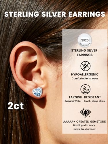 Bestyle Authentic 925 Sterling Silver 2 Carat Birthstone Earrings for Women, More Sparkle Heart/Round Solitaire Diamond Studs Earrings, Great Birthday/Christmas/Anniversary Jewelry for Wife Mother - color: 03. Mar. Aquamarine-Heart