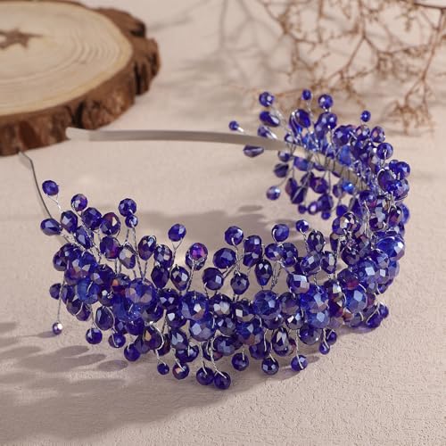 Denifery Large Crystal Headband for Wedding Bridal Hair Band Headpiece for Party Prom Hair Accessories (blue) - color: blue
