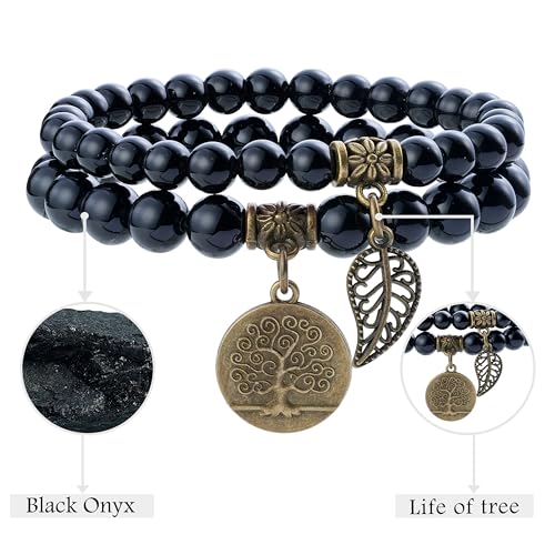 Bivei Natural Semi Precious Gemstone beads bracelet for women - Life Tree and Leaf Charm Energy Reiki Crystal Stretch Bracelets - color: Onyx Bracelet Set, size: Medium:6.8-7.24inch