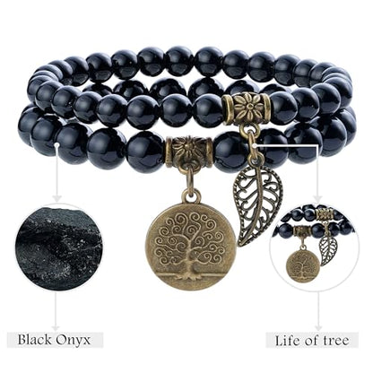 Bivei Natural Semi Precious Gemstone beads bracelet for women - Life Tree and Leaf Charm Energy Reiki Crystal Stretch Bracelets - color: Onyx Bracelet Set, size: Medium:6.8-7.24inch