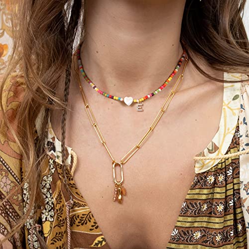 MJartoria Initial Necklaces for Women, Colorful Beaded Necklace, Shell Beach Necklace Letter Choker Handmade Jewelry Gifts - style: E