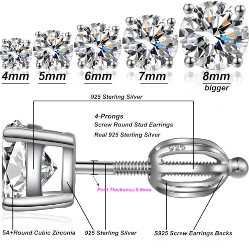 Jiamiaoi Stud Earrings Screw Back Sterling Silver Cubic Zirconia Stud Earrings Set 4 Millimeters-8 Millimeters Nickle Free Hypoallergenic Earring Studs - color: H-Lantern Backs Round, size: 5mm