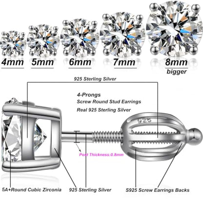 Jiamiaoi Stud Earrings Screw Back Sterling Silver Cubic Zirconia Stud Earrings Set 4 Millimeters-8 Millimeters Nickle Free Hypoallergenic Earring Studs - color: H-Lantern Backs Round, size: 5mm