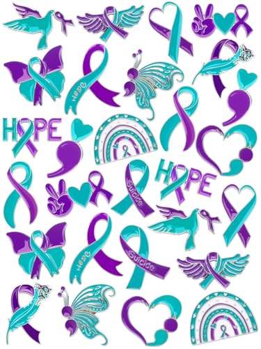 JUNEBRUSHS 28pcs Suicide Prevention Awareness Pins Purple Teal Ribbon Lapel Pins for Suicide Prevention Awareness Teens Adults Children Party Event Favors Decor Accessories - style: Suicide Prevention Awareness Style