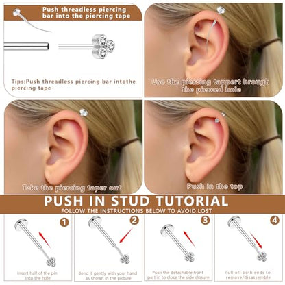 15Pcs 20G/18G/16G Flat Back Push in Stud Earrings 316L Surgical Stainless Threadless nose rings Medusa Piercing Jewelry Hypoallergenic Labret Studs Lip Rings ring for Women Men Be Equipped With Ball Grabber Tool - color: Silver, size: 20G(0.8MM)