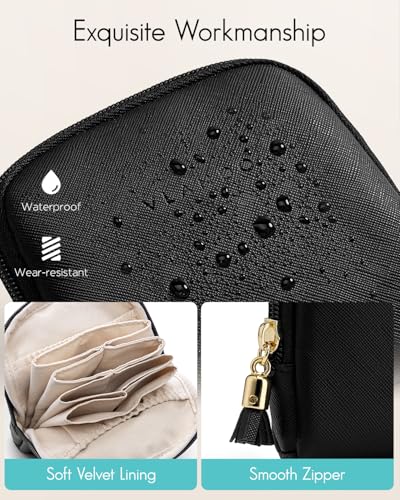 VLANDO Small Travel Jewelry Case,Velvet Pouch Bags with Zipper,Black | Travel Essentials,PU Leather Organizer with 5 Divided Sections,Carry-On Totes,Gift for Birthday,Bride,Bridesmaid,Women,Girls - color: C.Black